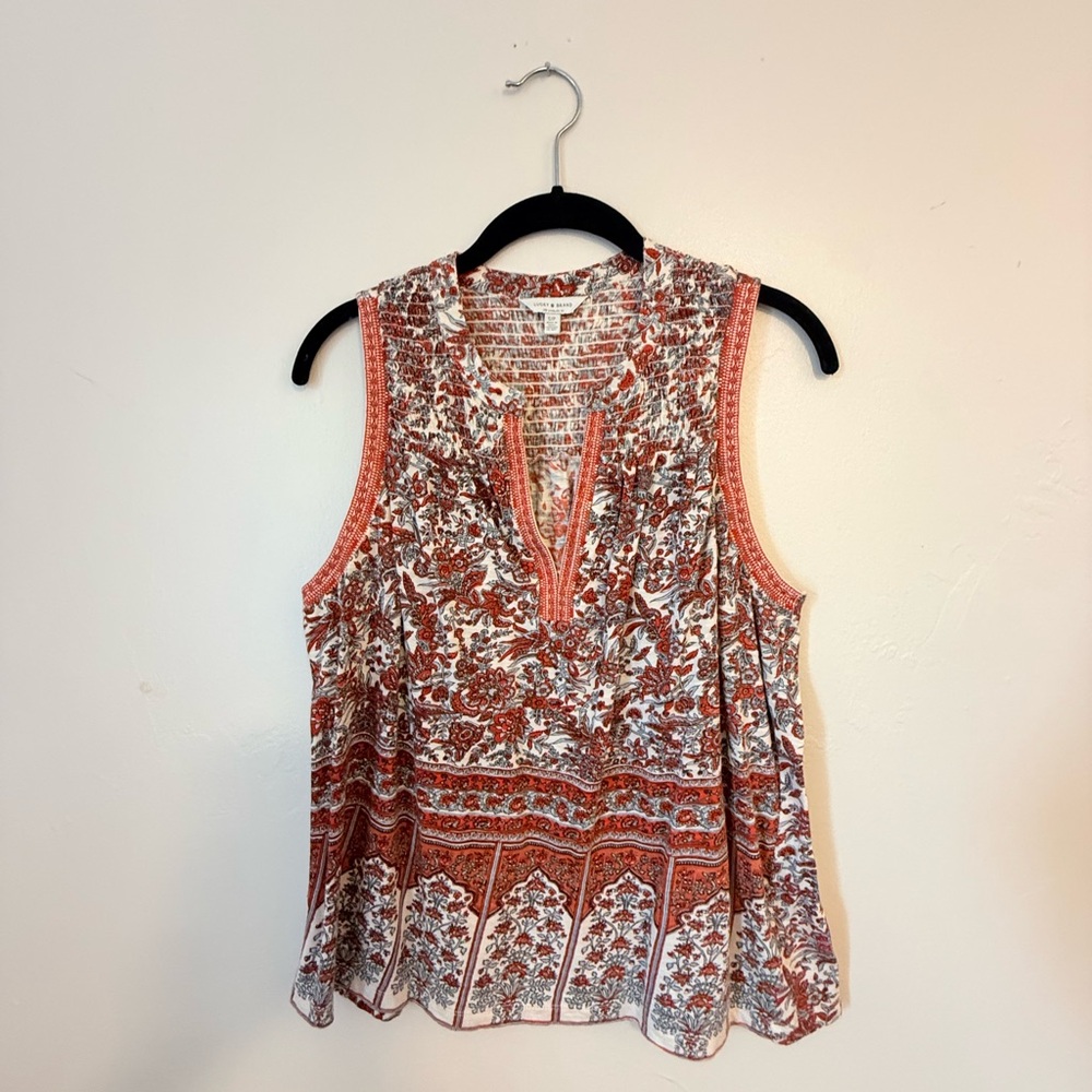 Lucky Brand Red, White & Blue Floral Sleeveless Smocked Blouse Small S/P